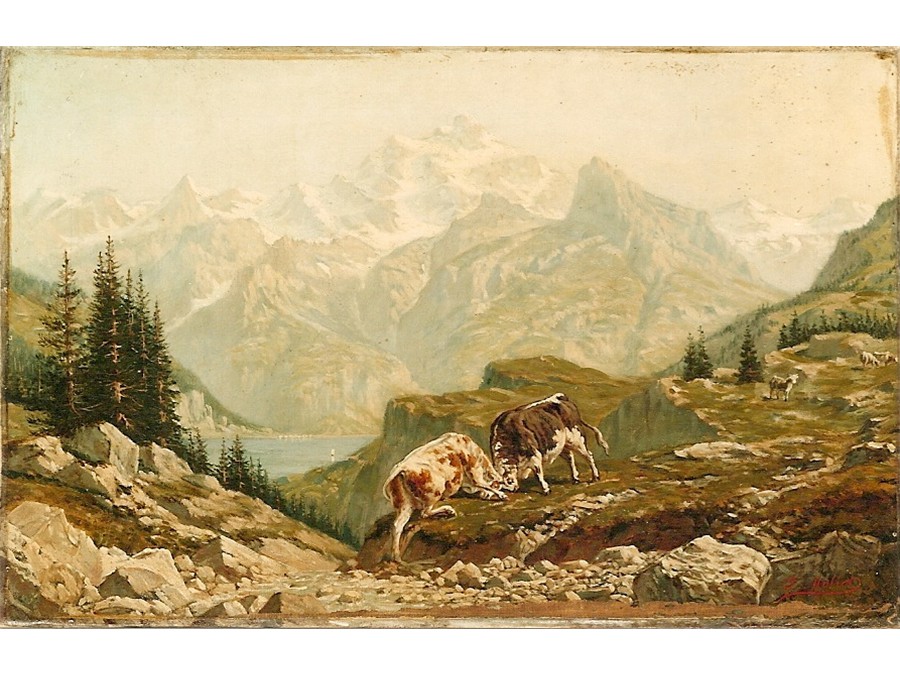 Bull Fight in the Alps-painting